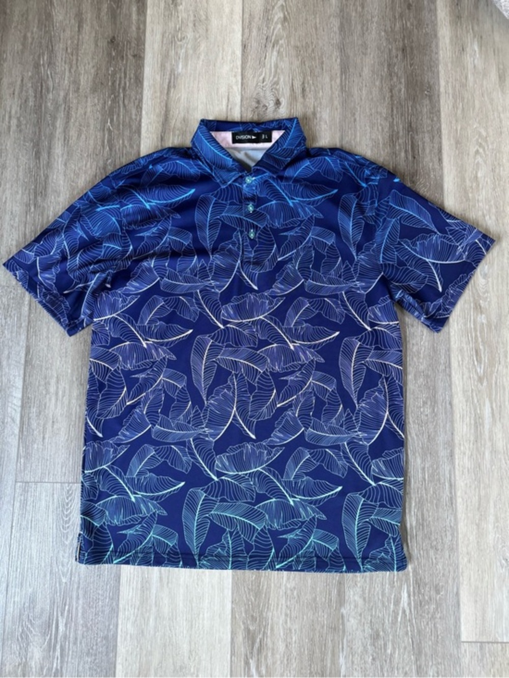 Navy Blue Tropical-Leaf Lightweight Polo Shirt